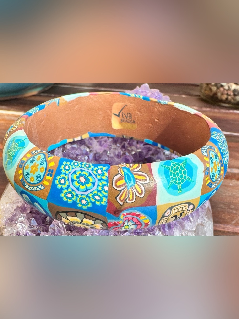 Viva Beads® Handcrafted Polymer Clay Wide Bangle Bracelet | Floral & Sea Turtle